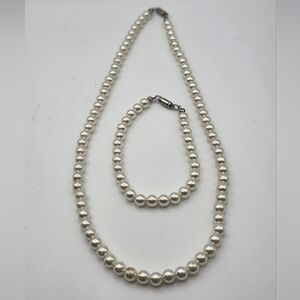 Vintage Faux Pearl Necklace & Bracelet Set, Silver‑Tone Clasp
